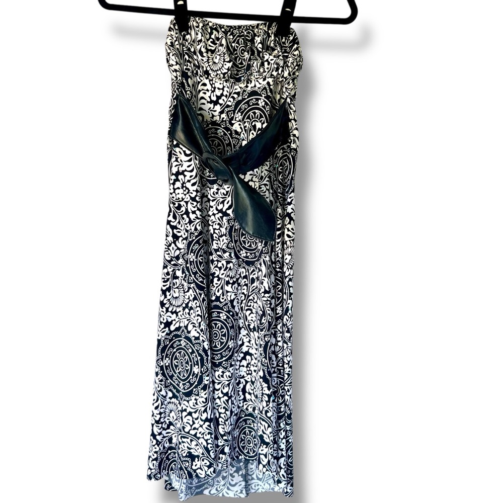 Black & White Strapless Dress w/ Reflective Embellishments & Faux Leather Belt